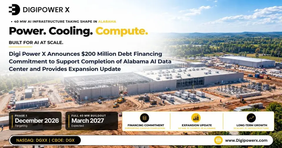 Digi Power X Secures $200 Million Debt Financing for 40MW Alabama Data Center